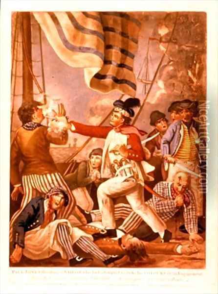 John Paul Jones shooting a sailor who had attempted to strike his colours in an engagement Oil Painting - John Collet