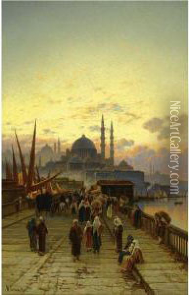 The Galata Bridge, Constantinople Oil Painting - Hermann David Salomon Corrodi