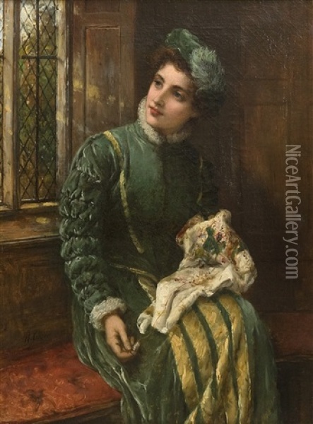 Historisk Interior Med Handarbetande Kvinna Oil Painting - William Oliver the Elder