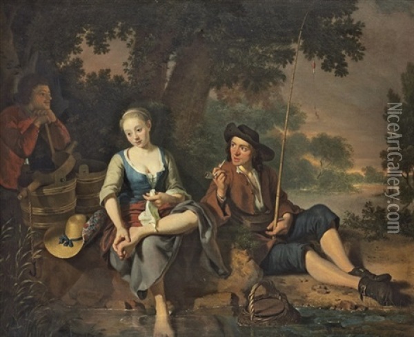A Fisherman And A Milkmaid Resting On A River Bank Oil Painting - Nicholaas Verkolye