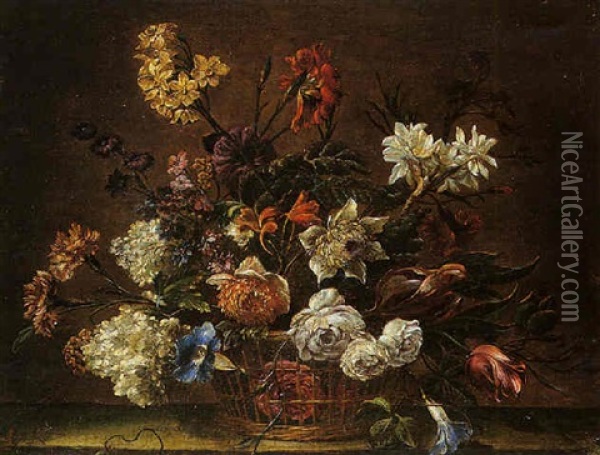 Nature Morte Au Panier De Fleurs Sur Un Entablement Oil Painting - Nicolas Baudesson