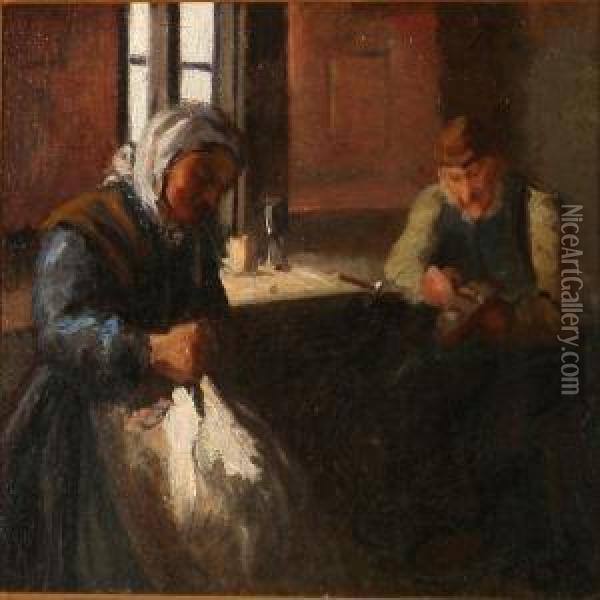 Interior With An Oldcouple Who Sews And Repairs Shoes Oil Painting - Michael Ancher