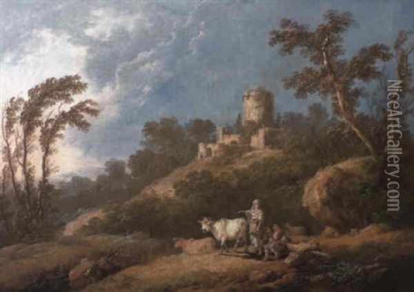 A Wooded, Hilly Landscape With Peasants And Farm Animals Oil Painting - Jean Baptiste Pillement