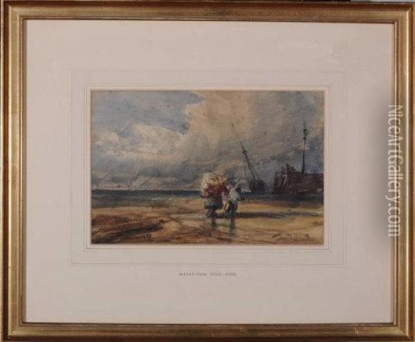 Figures On A Beach On A Blustery Day Oil Painting - David I Cox