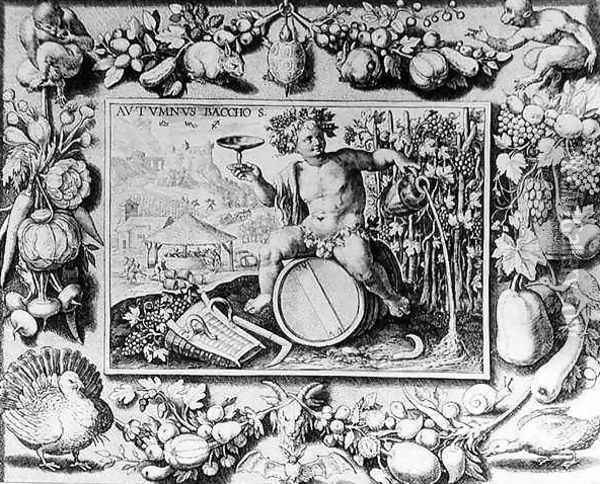 Bacchus and an allegory of Autumn, engraved by Crispin de Passe I c.1565-1637 Oil Painting - Crispijn van de Passe