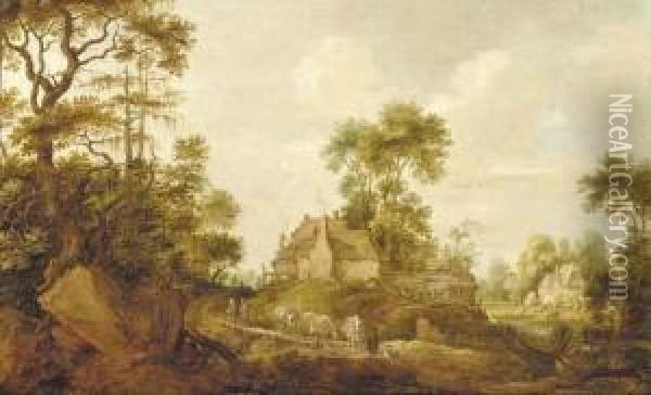 A Wooded Landscape With A Drover And Cattle On A Track Oil Painting - Gillis Claesz De Hondecoeter