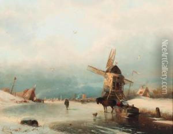 A Winter Landscape With A Horse-drawn Sledge On A Frozen River By Awindmill Oil Painting - Carl Hilgers