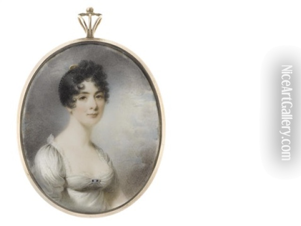 Mrs Mary Gaskell (d.1845), Wearing White Dress Edged With Lace, Sapphire Brooch At Her Corsage, Her Raven Hair Braided, Curled And Upswept With A Tortoiseshell Comb Oil Painting - Thomas Hargreaves