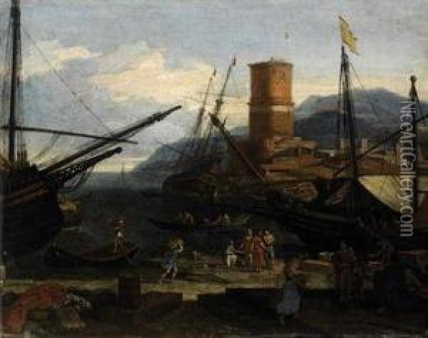 Veduta Di Porto Con Torre E Velieri Oil Painting - Adriaen Van Der Kabel