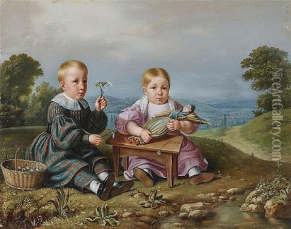 Geschwisterpaar In Wiesenlandschaft Oil Painting - Johann Georg Meyer von Bremen