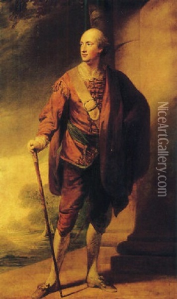 Portrait Of A Gentleman (david Garrick?) In A Red Jacket And Brown Cloak, A Walking Stick In His Right Hand, By A Column, A Landscape Beyond Oil Painting - Robert Edge Pine