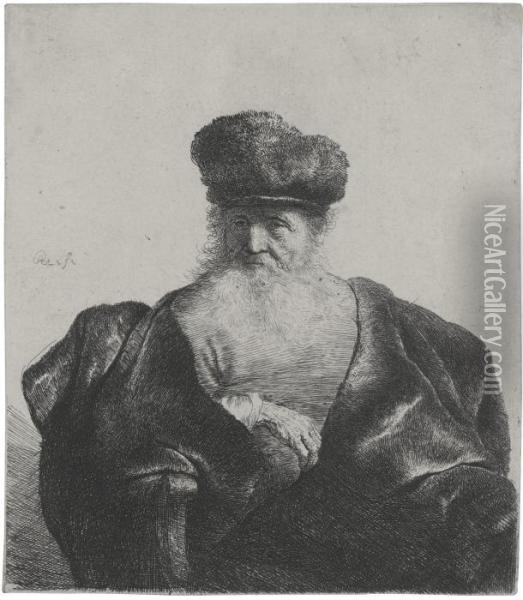 Old Man With A Beard, Fur Cap, And Velvet Cloak Oil Painting - Rembrandt Van Rijn