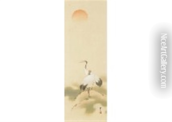 Two Cranes On The Rock Oil Painting - Kimura Buzan