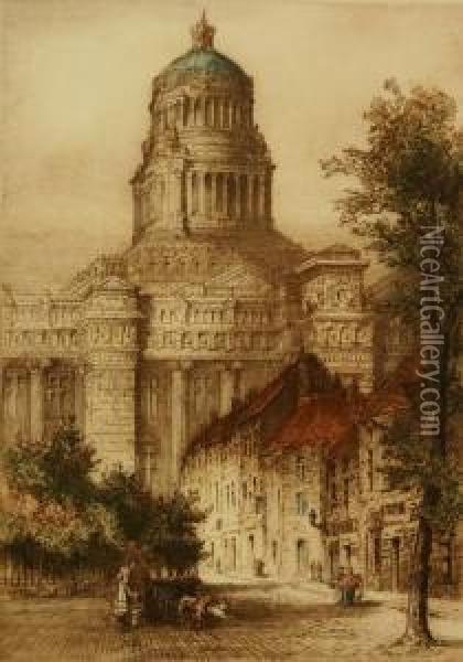 Malines, Palace Of Justice From The Boulevard Waterloo,brussels, Belgium Oil Painting - James Alphege Brewer