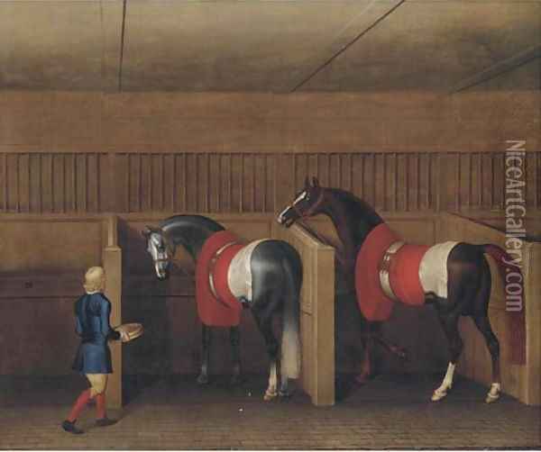 Two racehorses with a groom in a stable Oil Painting - James Seymour