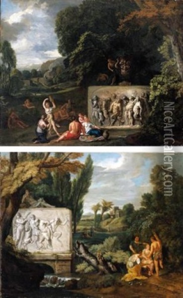 A Classical Scene With A Sarcophagus, Depicting Pan And The Drunken Silenus, On A Small Bridge Over A Stream (+ A Classical Scene With Figures Resting And Maidens Making Music By A Larg Oil Painting - Peter (Pieter Andreas) Rysbrack