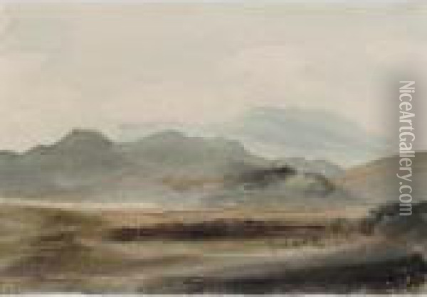A Hilly Landscape Oil Painting - Cornelius Varley