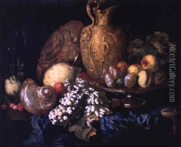 Nature Morte Aux Fruits Et Aux Pieces D'orfevrerie Sur Un Entablement Oil Painting - Abraham Brueghel