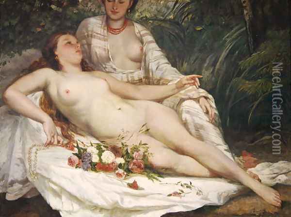Bathers or Two Nude Women, c.1858 Oil Painting - Hanoteau, Hector (1823-1890) and Courbet, Gustave (1819-1877)