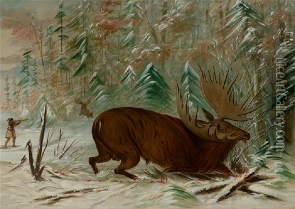 Moose Hunt Oil Painting - George Catlin
