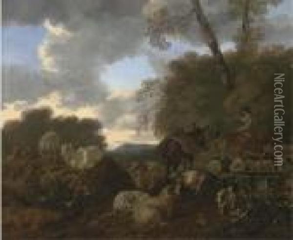 An Italianate Landscape Oil Painting - Mathias Withoos