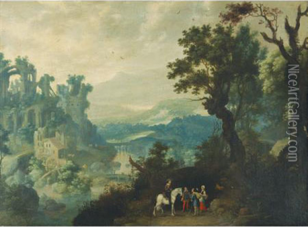 An Extensive Landscape With Travelers On A Road Oil Painting - Hans Bergaigne