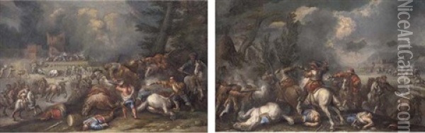 A Cavalry Battle Before A Fortified Castle (+ A Cavalry Skirmish With A Fortified Castle Beyond; Pair) Oil Painting - Francesco Monti