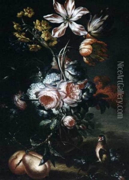 Bouquet De Fleurs Avec Un Bouvreuil Oil Painting - Johann Rudolf Byss