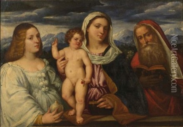 Madonna Con Bambino, Santa Maria Maddalena E San Gerolamo Oil Painting - Giovanni Cariani