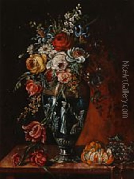 A Still Life With Flowers In A Classic Vase Oil Painting - Christian David Gebauer