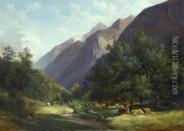 Le Kirchet Et La Vallee De Gutanen (the Kirchet And The Valley Of Gutanen) Oil Painting - Francois Diday