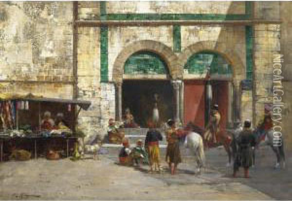 Outside The Mosque Oil Painting - Victor Pierre Huguet