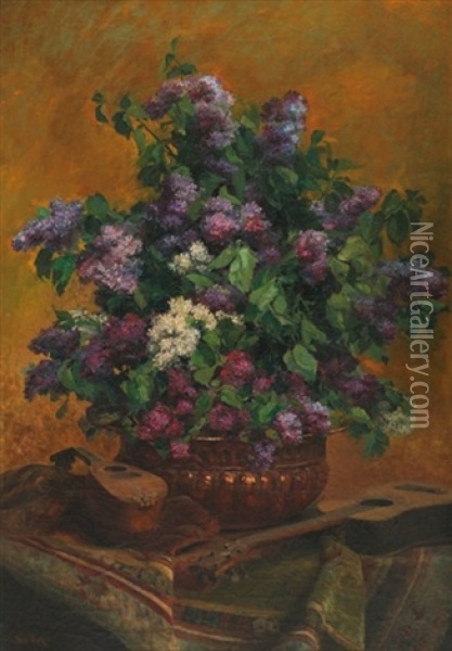 Bouquet De Lilas Dans Un Pot En Cuivre Oil Painting - Paul Biva
