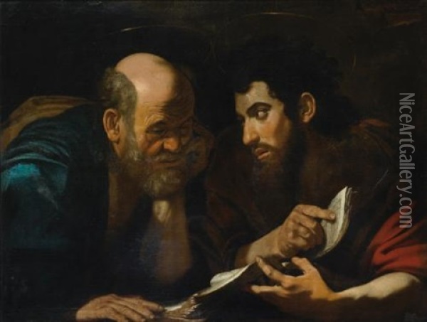 Two Male Saints, Probably The Evangelists Matthew And John, Discussing A Text Oil Painting -  Caravaggio