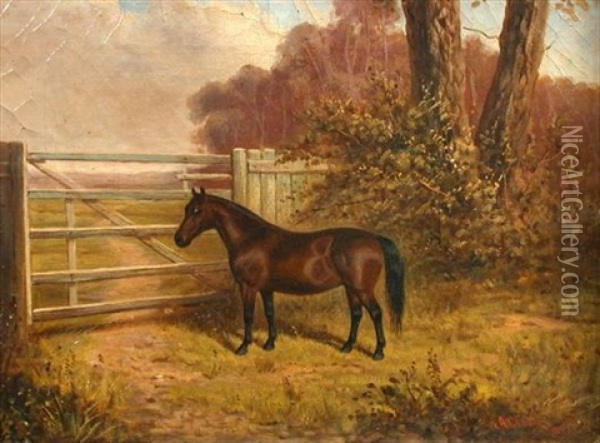 A Dark Bay Shetland Pony By A Field Gate Oil Painting - Albert Clark