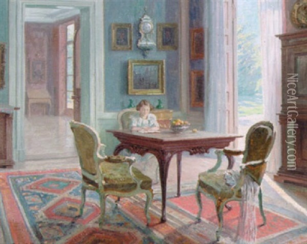Herskabeligt Interior Med Husets Dater Laesende Ved Et Bord Oil Painting - Robert Panitzsch