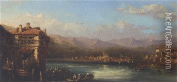 Sydlandsk Havneparti Med Bade Og Folkeliv Oil Painting - Charles Euphrasie Kuwasseg