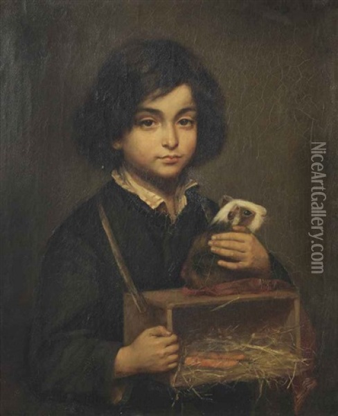 A Boy With A Guinea Pig On It's Cage Oil Painting - Wally (Walburga Wilhelmina) Moes