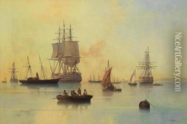 Sailing Boats And Paddle Steamer By The Coast Oil Painting - Josef Carl Berthold Puttner