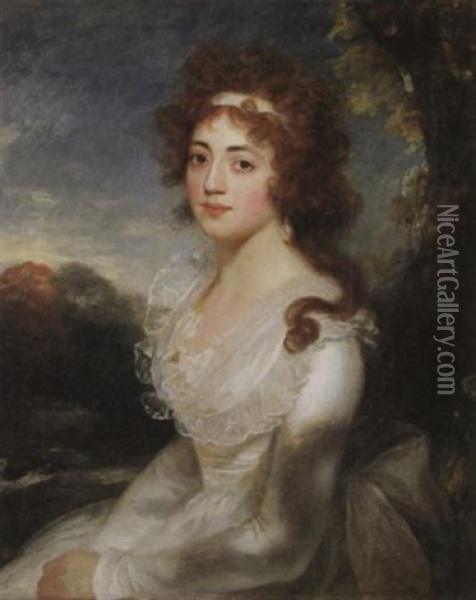 A Portrait Of Harriet Maria Day, Seated, Wearing A White Satin Dress Oil Painting - Sir William Beechey