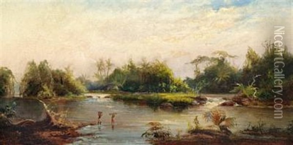 African Landscape With Two Men Crossing A River Oil Painting - Fritz Klingelhoefer
