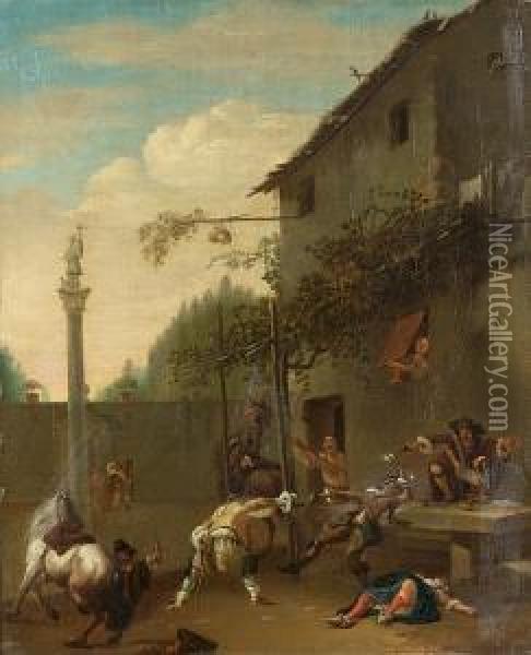 Horsemen And Soldiers Fighting Outside An Inn Oil Painting - Roeland Van Laer
