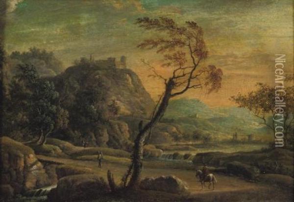 A Mountainous River Landscape With Travellers On A Track, A Castle On A Hill Beyond Oil Painting - Johann Jacob Norbert Grund