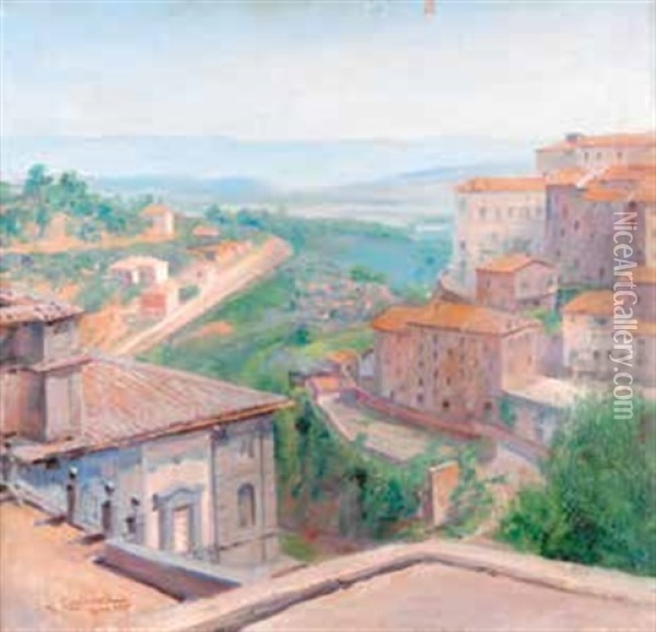 Veduta Di Soriano Nel Cimino Da Palazzo Chigi Oil Painting - Umberto Coromaldi