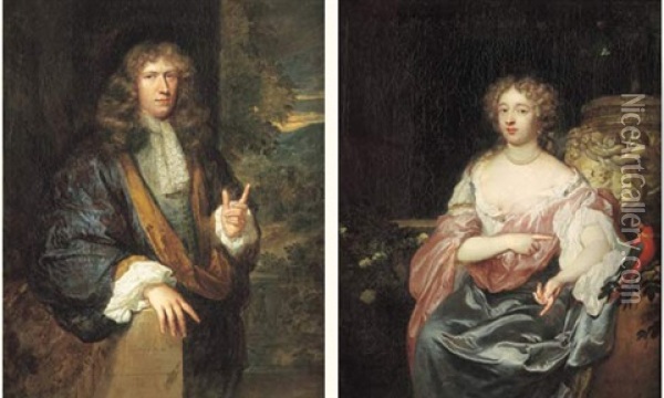 Portrait De Jeune Femme Avec Son Perroquet (+ Portrait D'homme Sur Fond De Paysage; Pair) Oil Painting - Caspar Netscher