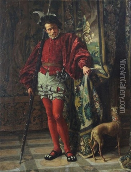 Florentine Guardsmen And A Hound Beside A Doorway Oil Painting - Charles Alexandre Coessin de la Fosse
