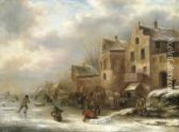 A Winter Landscape With Skaters By A Village Oil Painting - Claes Molenaar (see Molenaer)