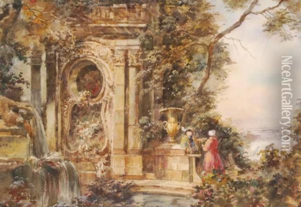 Figures By Classical Temple Ruins Oil Painting - John William North