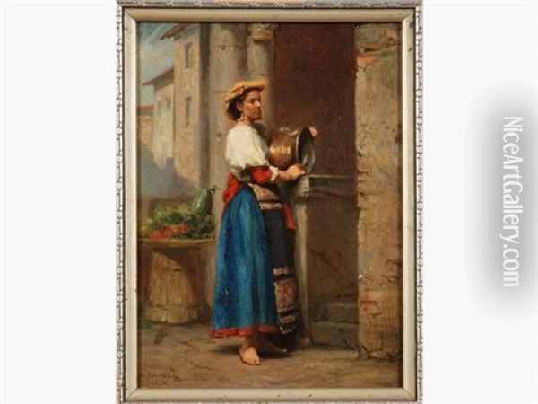 Jeune Femme Italienne Au Cuivre Oil Painting - Charles Baptiste Schreiber