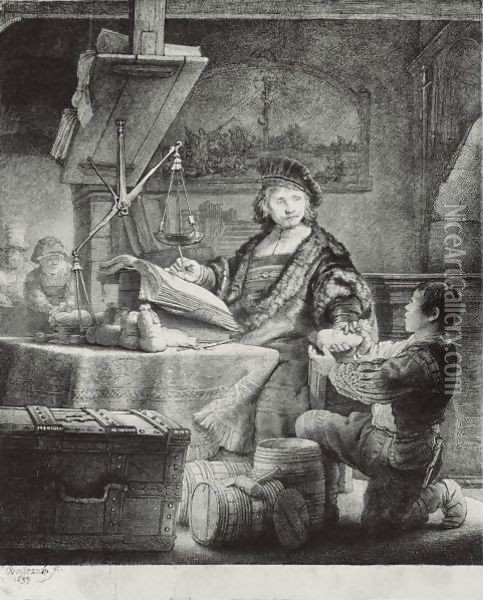 Jan Uytenbogaert, 'The Goldweigher' Oil Painting - Rembrandt Van Rijn